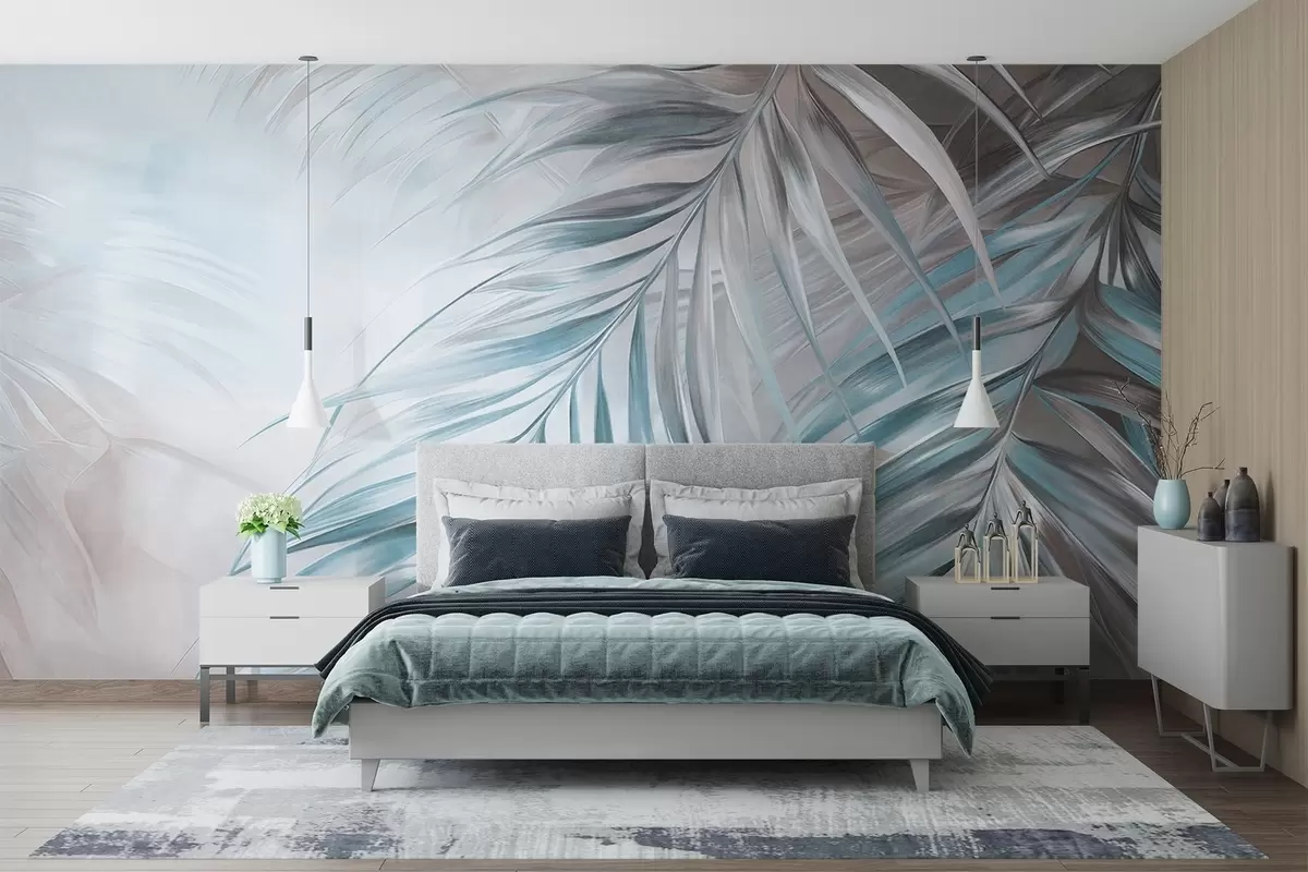 murales de pared Hojas de palmera con tonos grises y azules, fondo con textura ligera y colores suaves, elegante estilo tropical w09475v1