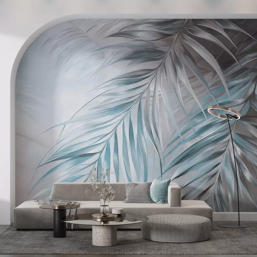 murales de pared Hojas de palmera con tonos grises y azules, fondo con textura ligera y colores suaves, elegante estilo tropical w09475v1