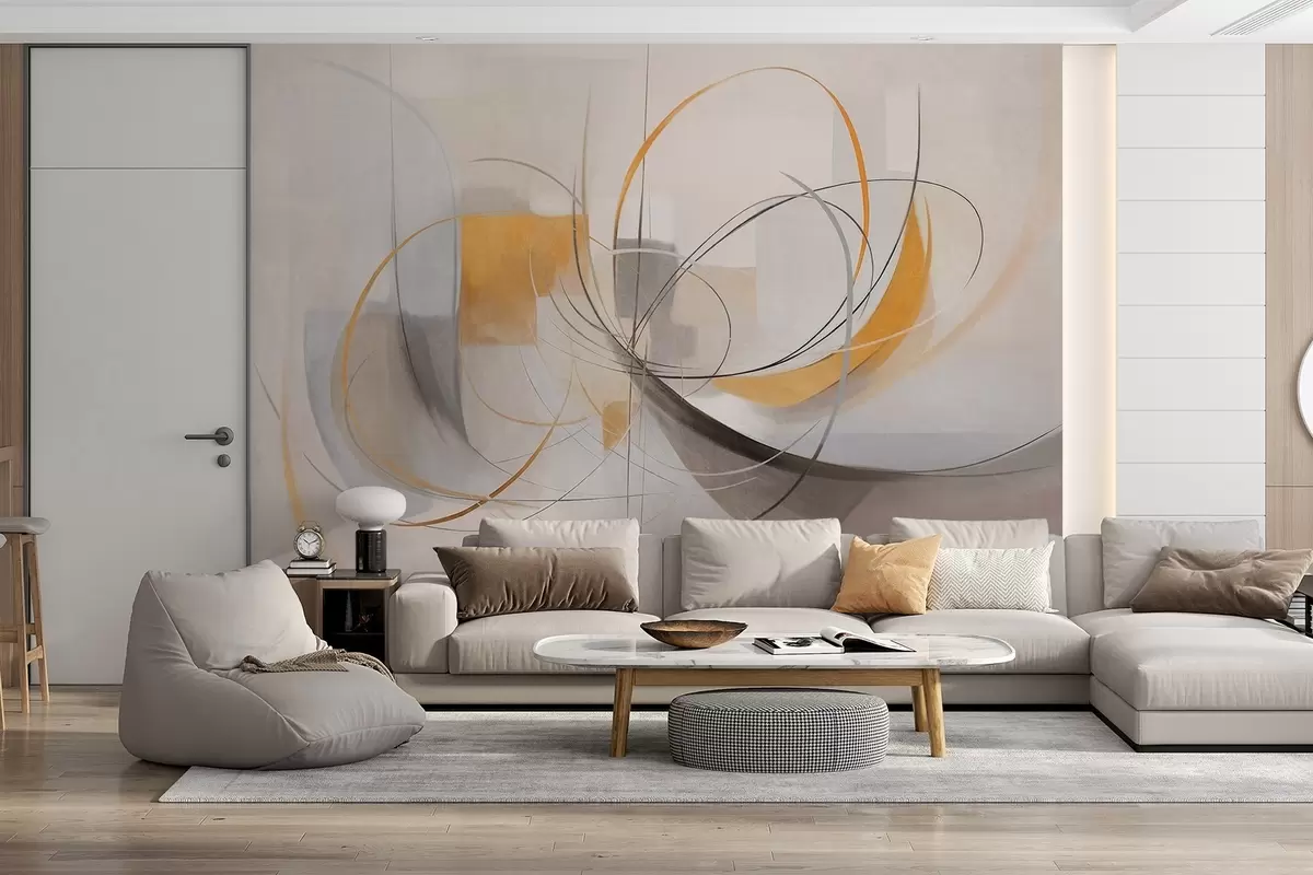 murales de pared Estilo pictórico moderno abstracto con texturas, líneas curvas y formas geométricas en tonos grises, blancos y naranjas w09476