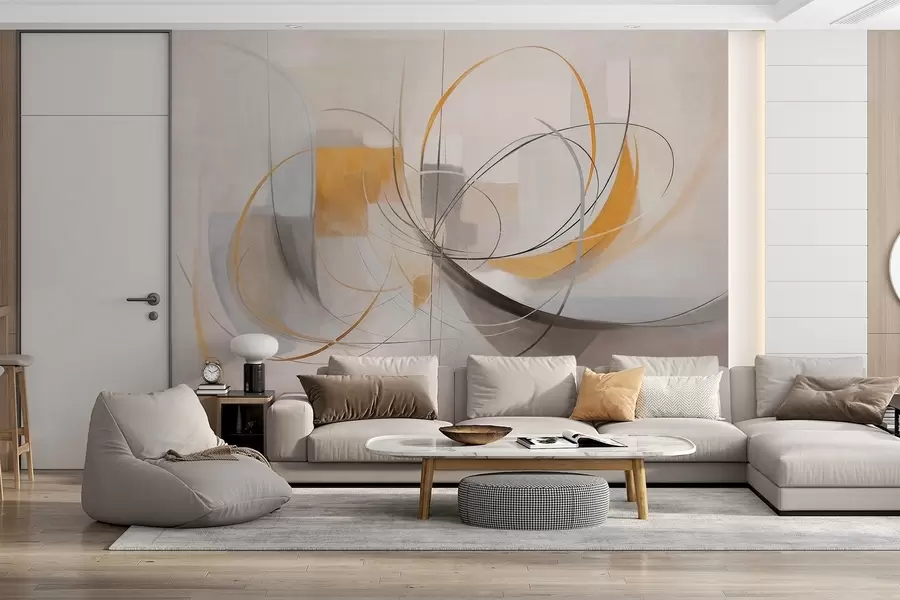 murales de pared Estilo pictórico moderno abstracto con texturas, líneas curvas y formas geométricas en tonos grises, blancos y naranjas w09476