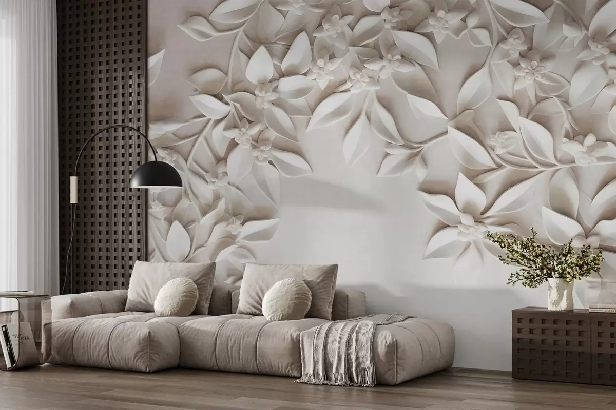 murales de pared Flores y hojas blancas con textura, arreglo floral, diseño elegante, estilo minimalista, arte decorativo w09479