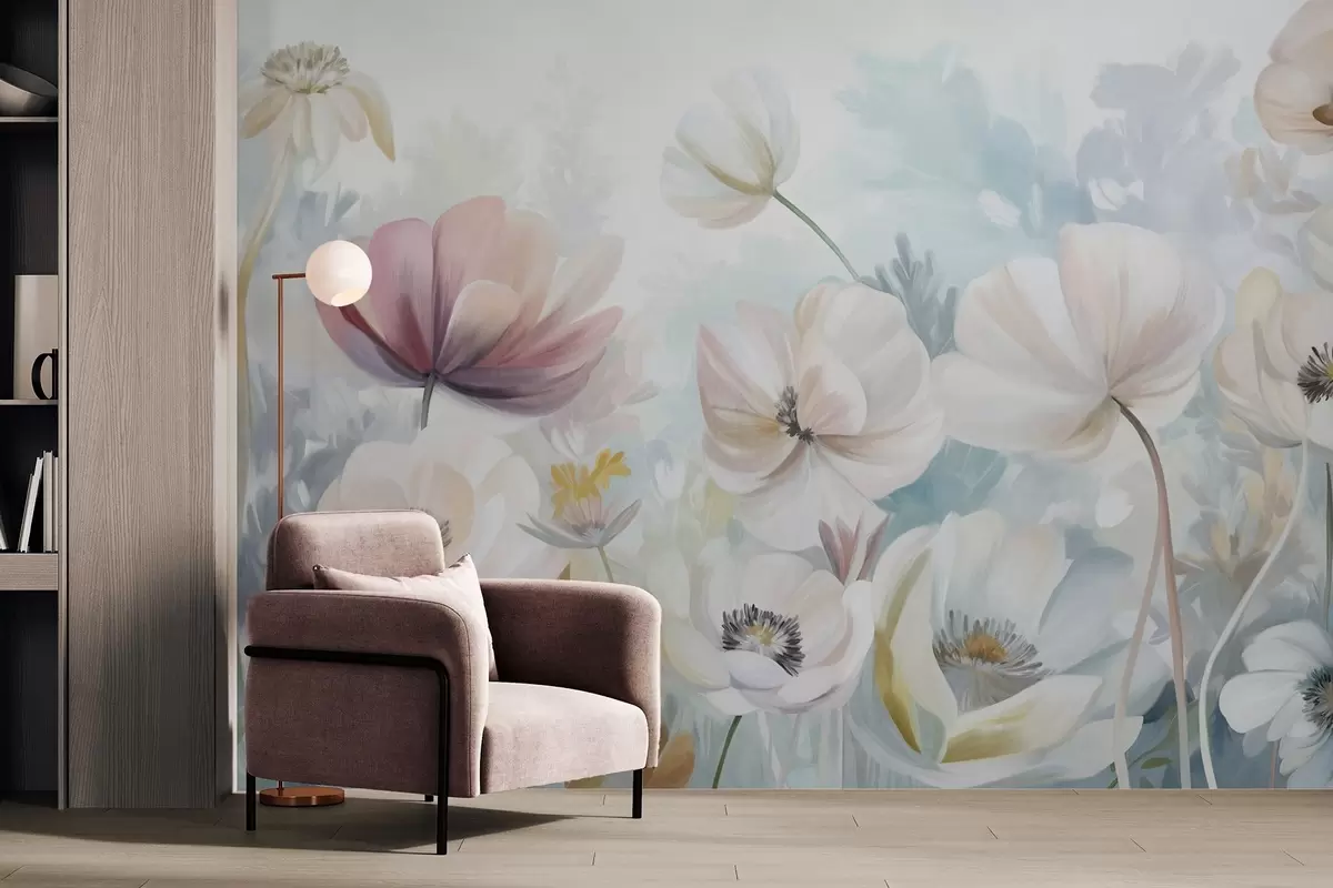murales de pared Un campo de flores en tonos pastel con delicados pétalos y suaves hojas verdes, en un estilo acuarela onírico y texturizado w09481