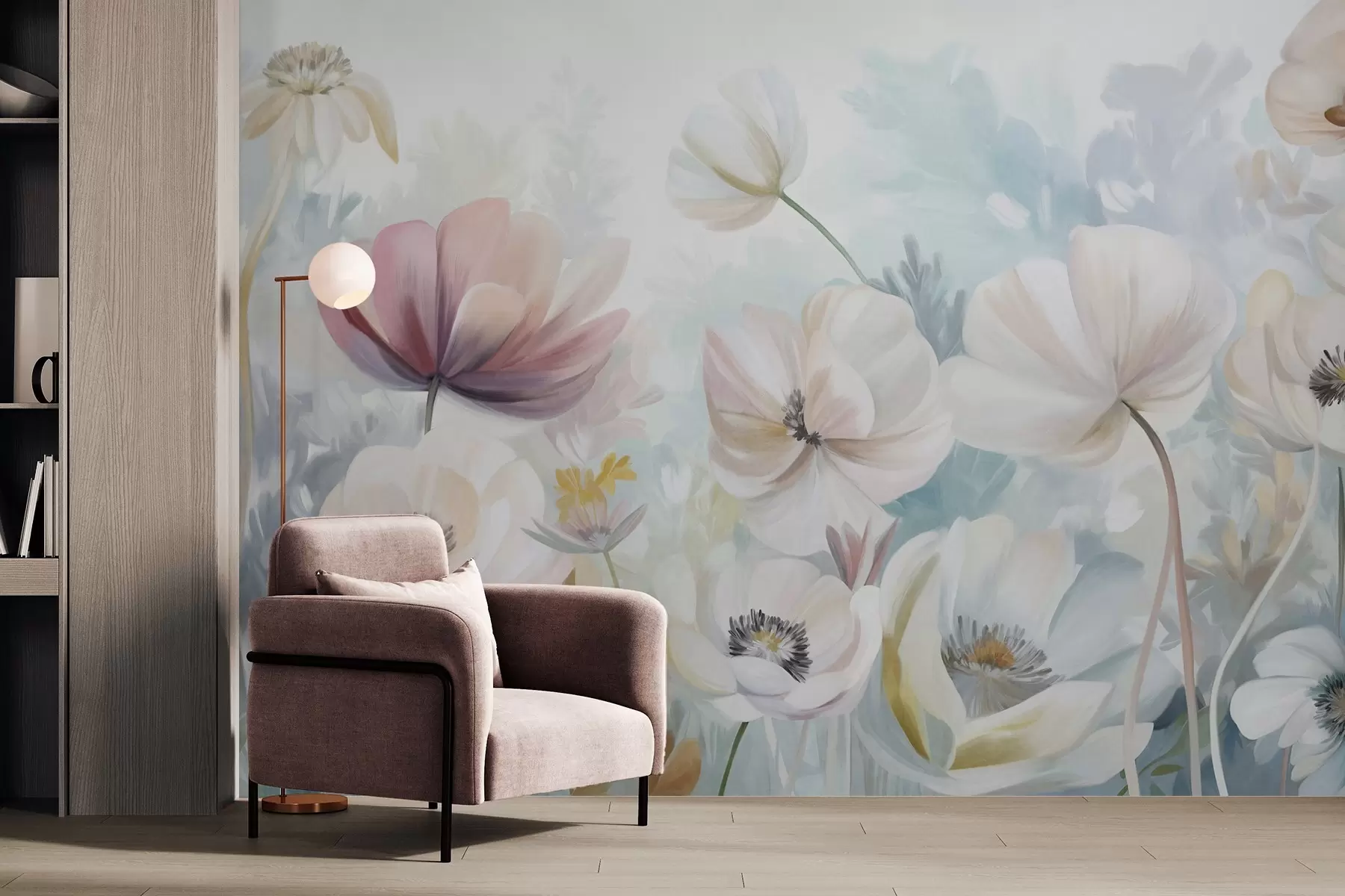 murales de pared Un campo de flores en tonos pastel con delicados pétalos y suaves hojas verdes, en un estilo acuarela onírico y texturizado w09481