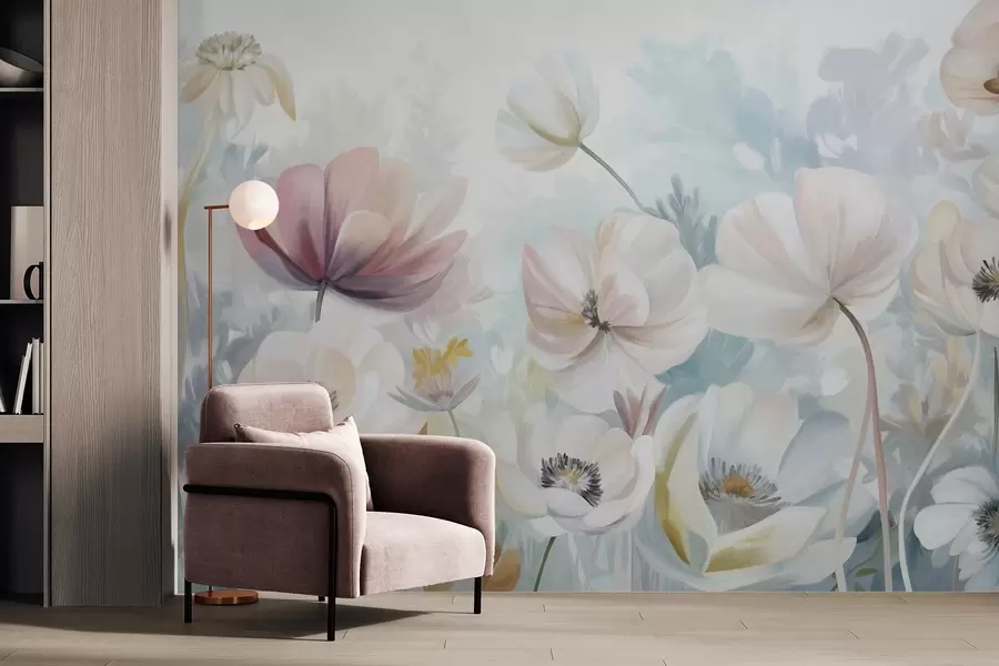 murales de pared Un campo de flores en tonos pastel con delicados pétalos y suaves hojas verdes, en un estilo acuarela onírico y texturizado w09481