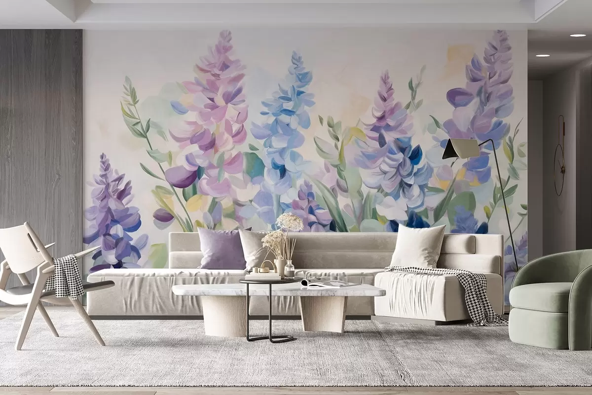 murales de pared Flores moradas y azules con textura y hojas azules, fondo claro, pinceladas suaves, colores vibrantes w09482