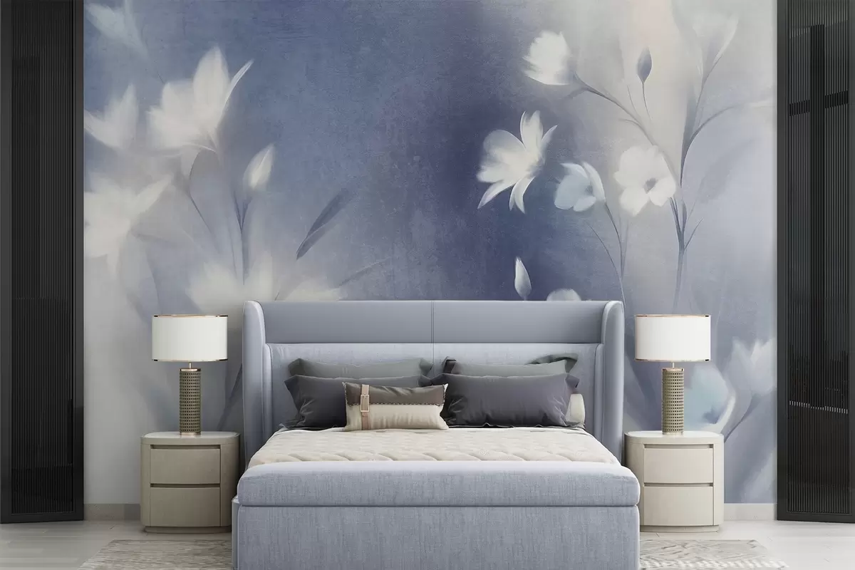 murales de pared Flores blancas con textura y tallos largos, capullos suaves sobre un fondo difuminado de tonos azules y blancos w09484