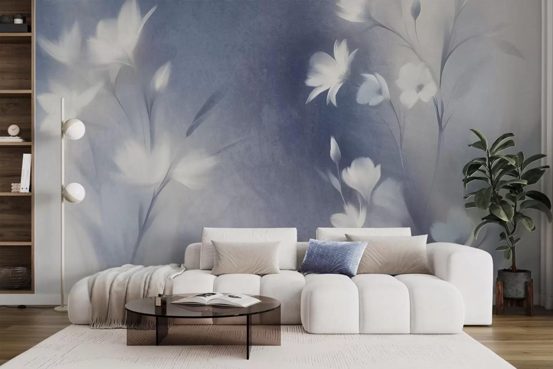 murales de pared Flores blancas con textura y tallos largos, capullos suaves sobre un fondo difuminado de tonos azules y blancos w09484