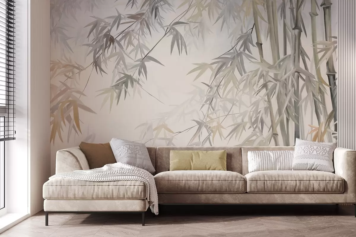 murales de pared Tallos y hojas de bambú texturizados en una paleta de colores suaves y apagados de gris, blanco y crema, composición minimalista. w09485