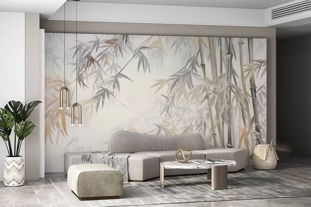 murales de pared Tallos y hojas de bambú texturizados en una paleta de colores suaves y apagados de gris, blanco y crema, composición minimalista. w09485