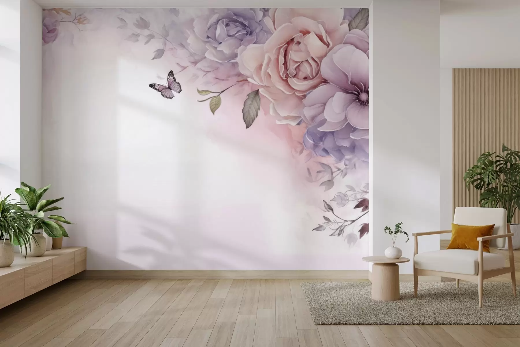 murales de pared Delicadas flores rosas y lilas con una mariposa w04711