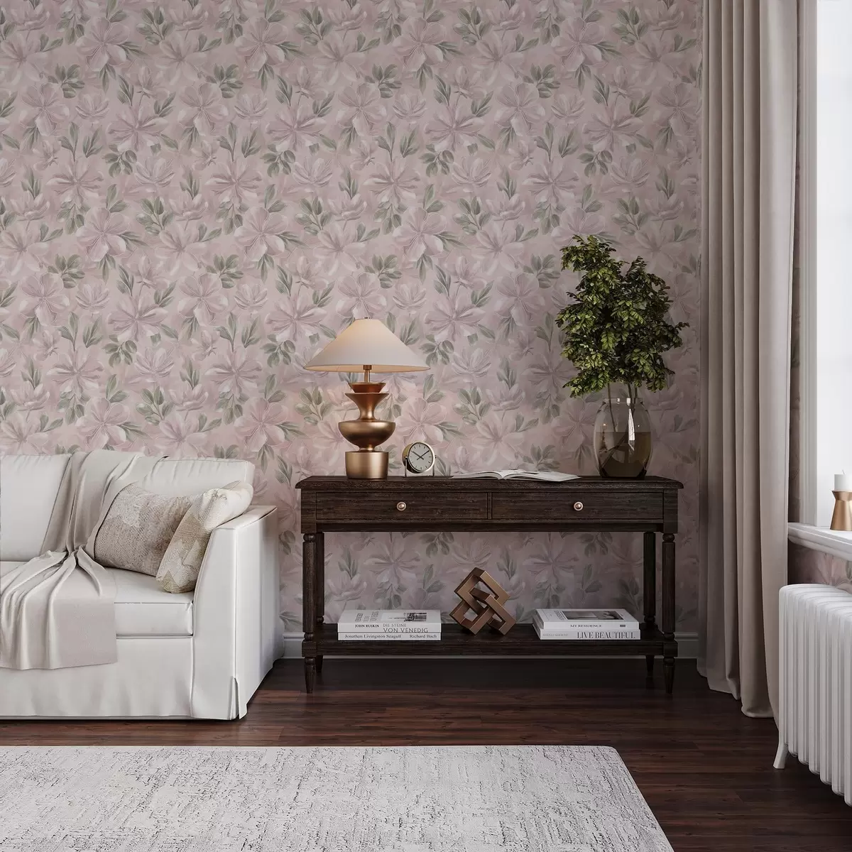 Papel pintado Flores rosas con hojas delicadas sobre un fondo suave a00675