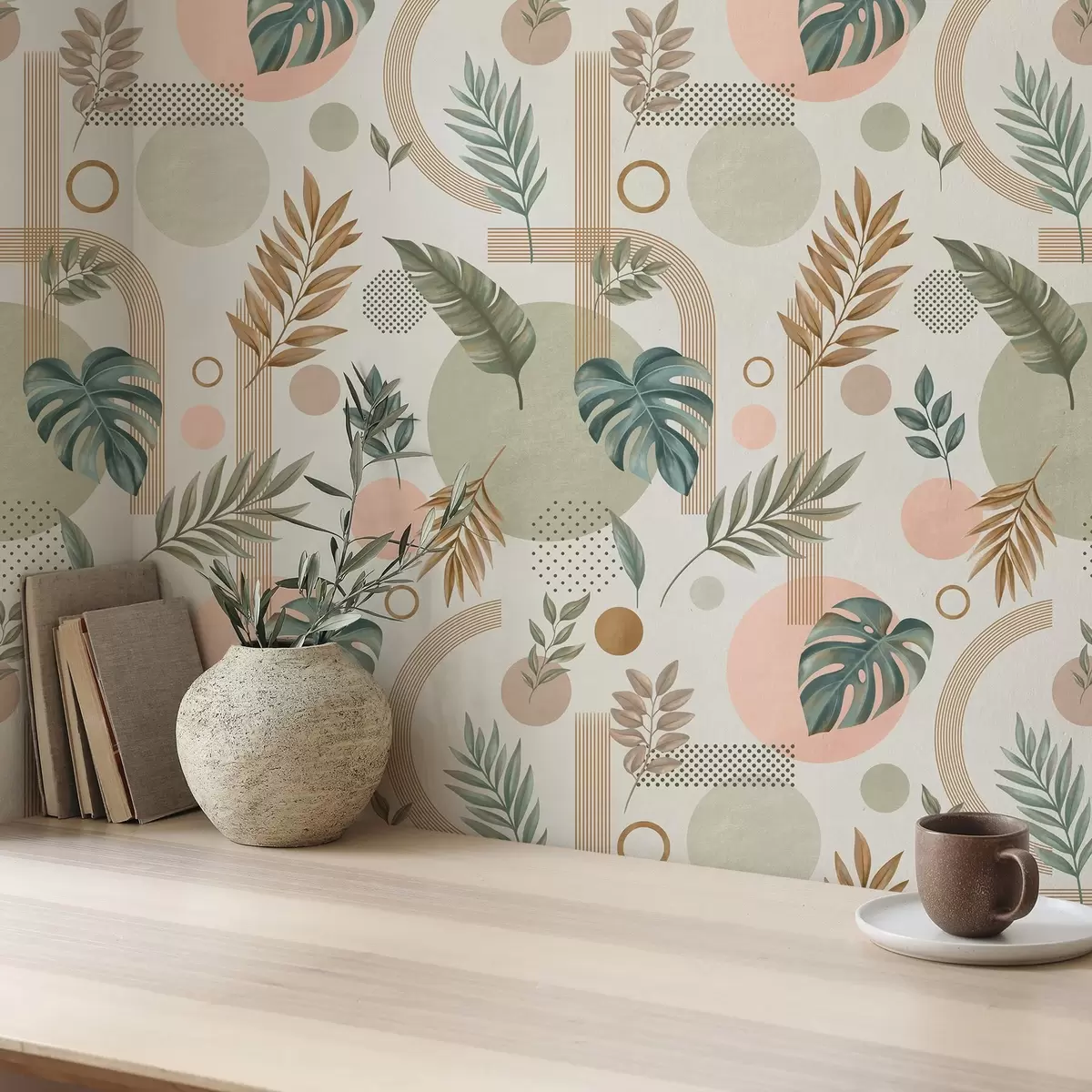 Papel pintado Hojas y formas geométricas en tonos cálidos y tranquilos a00677