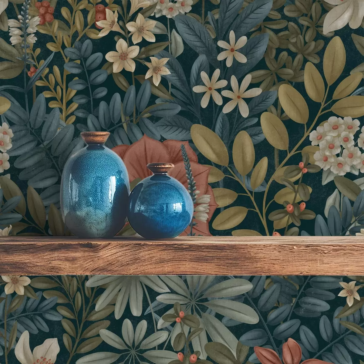 Papel pintado Fondo oscuro con densas flores y hojas en tonos cálidos a00678
