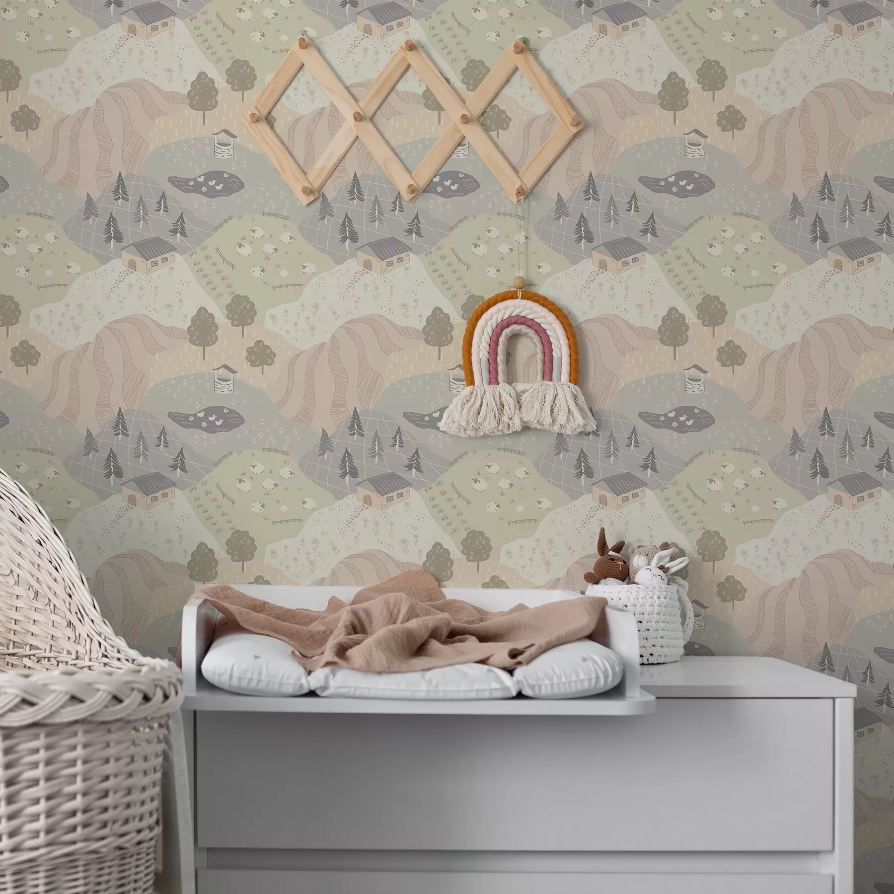 murales de pared Campiña de cuento de hadas con árboles, gansos y ovejas a00728