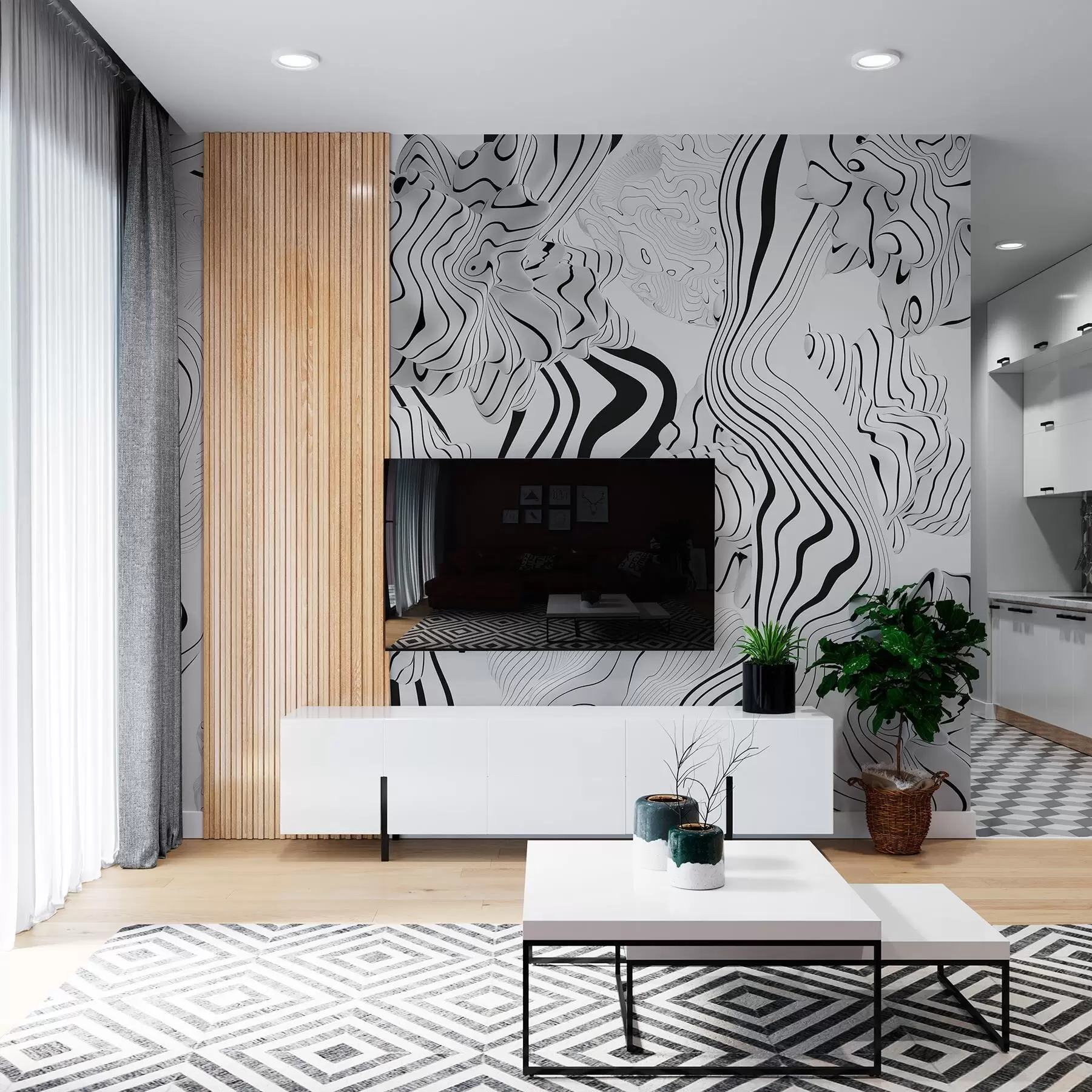 murales de pared formas orgánicas abstractas en estilo 3D en tonos blancos y grises con rayas negras w04627