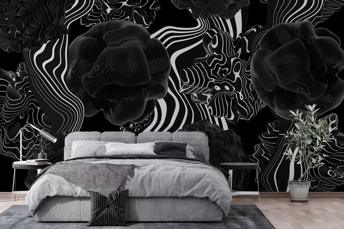 murales de pared formas orgánicas abstractas en estilo 3D en tonos negros con rayas blancas w04628