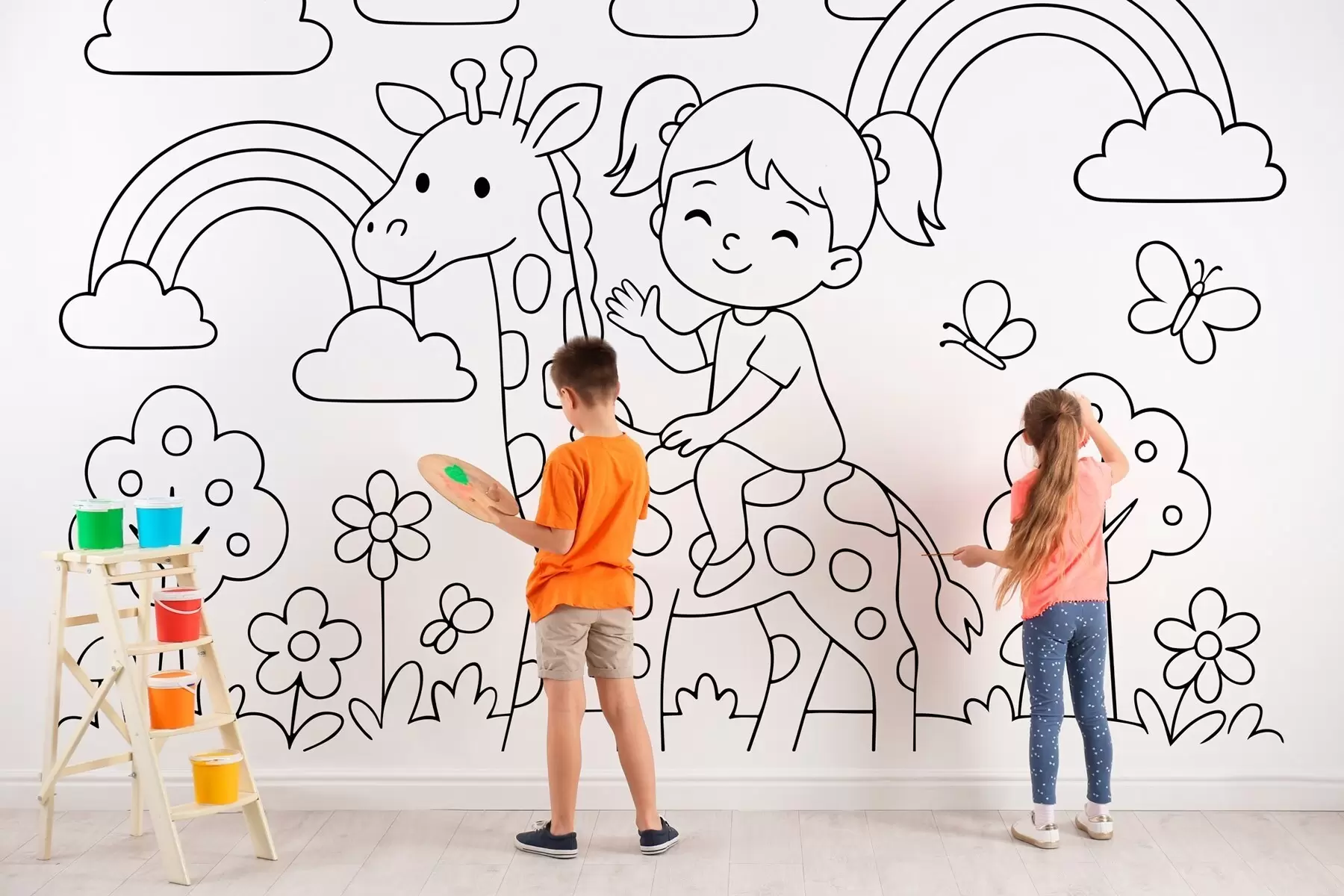 murales de pared dibujo en blanco y negro de una niña sobre una jirafa al estilo de un libro para colorear infantil w04753