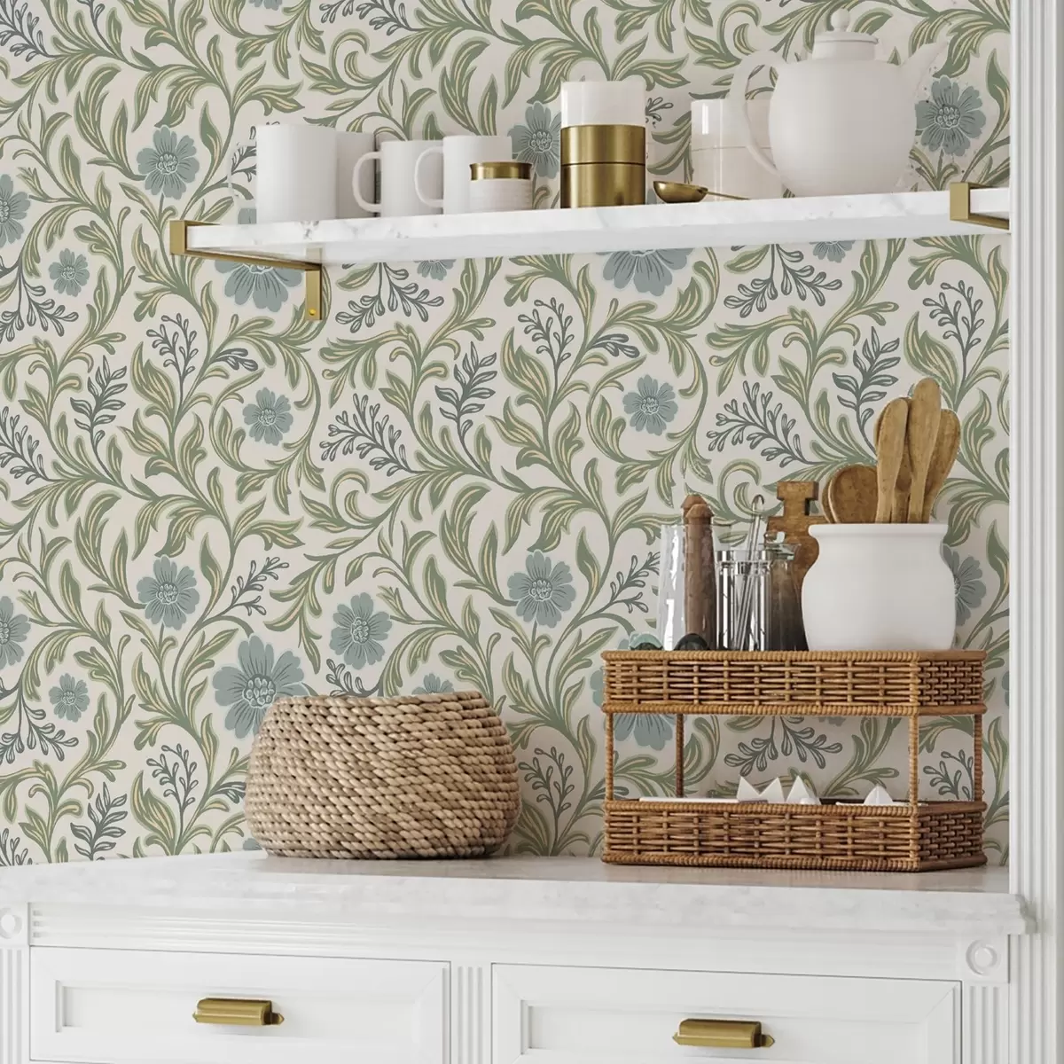 Papel pintado Adorno floral gris salvia sobre fondo claro a00712