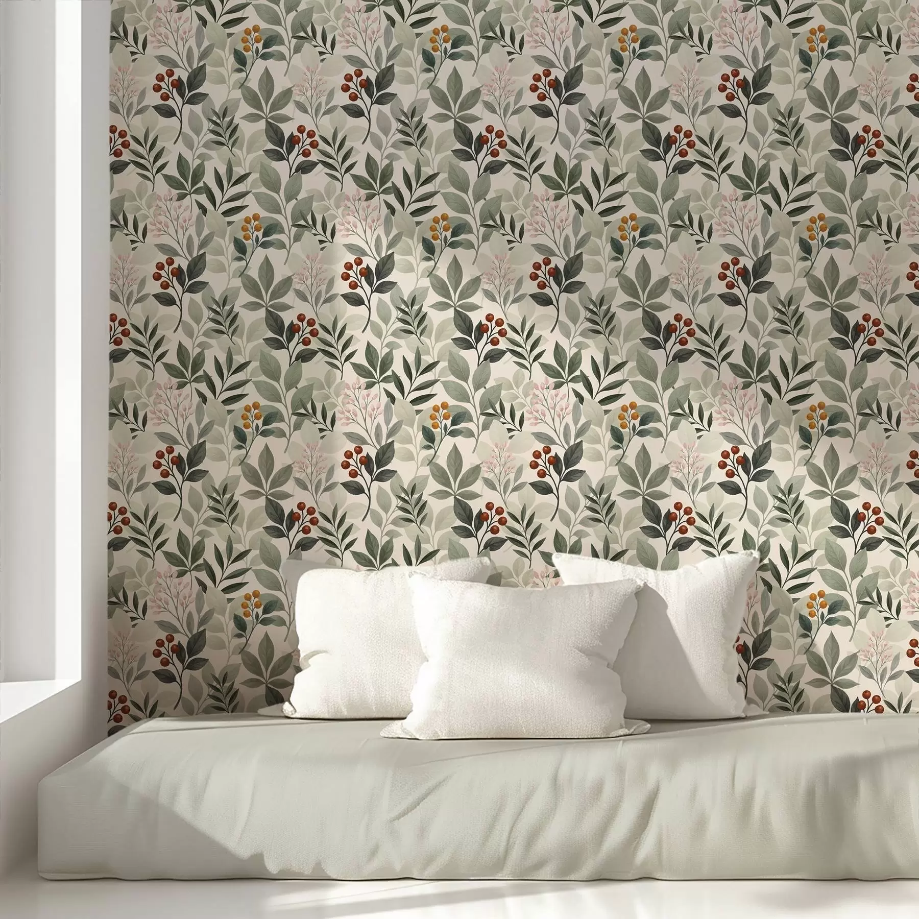 murales de pared Hojas con bayas, fondo claro a00713