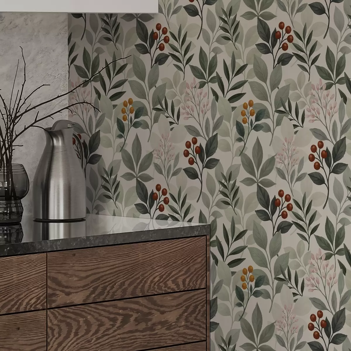 Papel pintado Hojas con bayas, fondo claro a00713