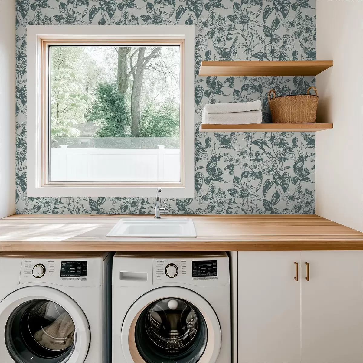 Papel pintado Adorno floral monocromático con pájaros a00737