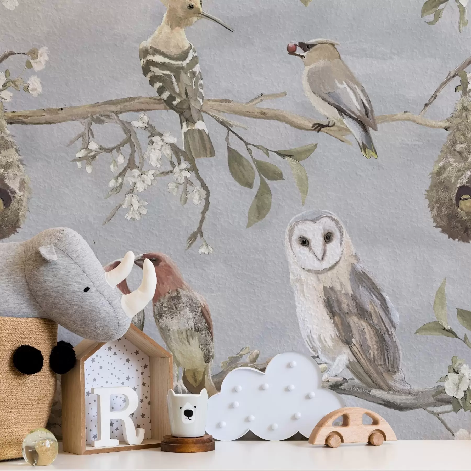 murales de pared Pájaros en ramas con flores sobre fondo gris a00738