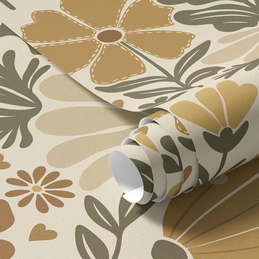 murales de pared Flores estilizadas en tonos cálidos con corazones a00752