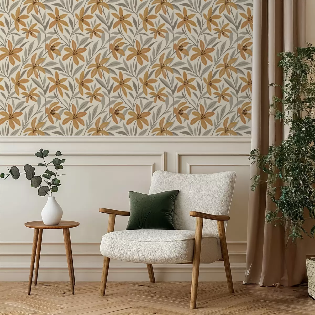 Papel pintado Lirios amarillos y hojas gris verdosas sobre fondo claro a00757