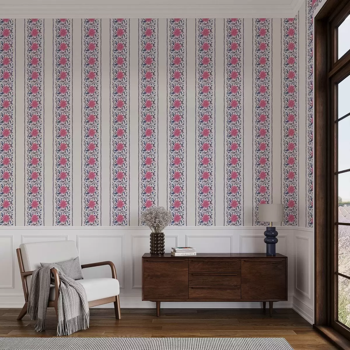 Papel pintado Rayas florales verticales en tonos rosa-morado a00810