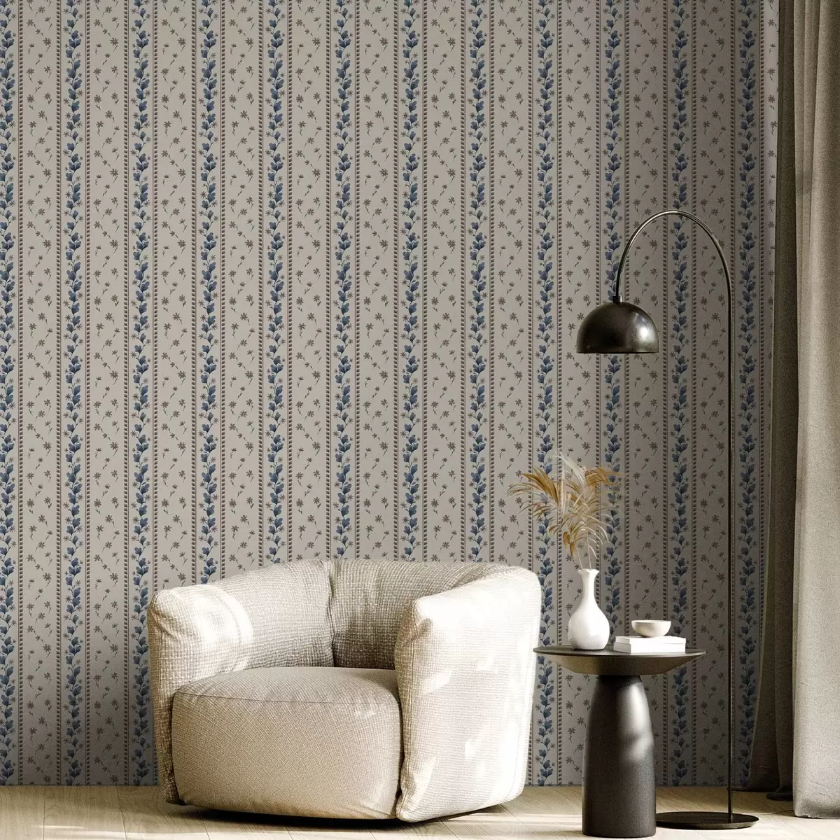 Papel pintado Rayas florales verticales en tonos azul y marrón a00811v3