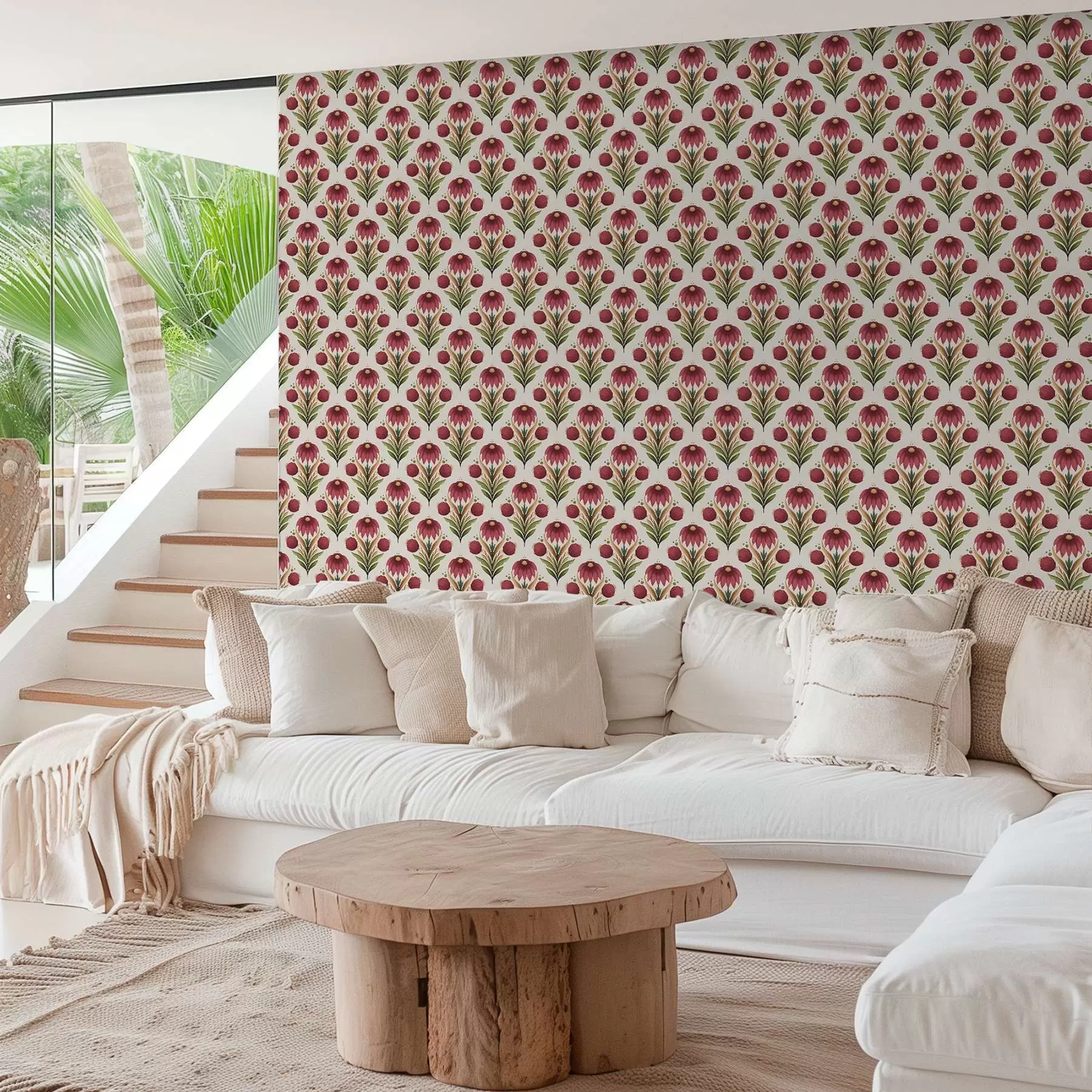 murales de pared Adorno floral simétrico en intensos tonos rojos y verdes a00812v4