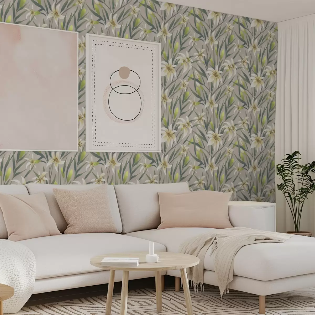 Papel pintado Lirios crema con hojas sobre fondo gris-beige a00837