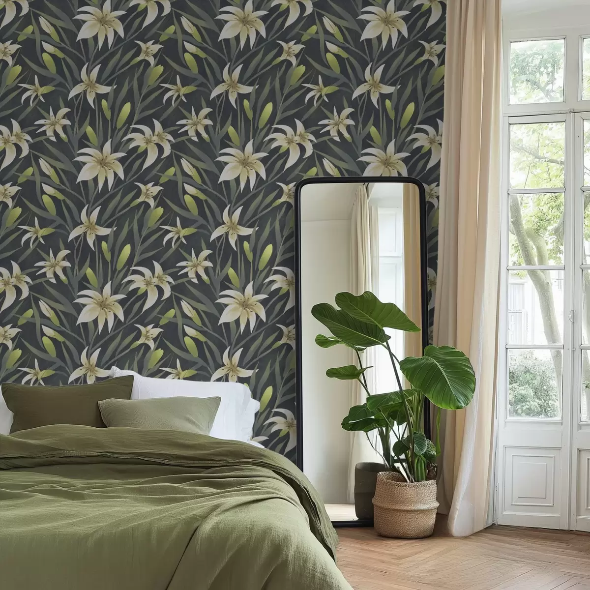 Papel pintado Lirios crema con hojas sobre fondo oscuro a00837v1