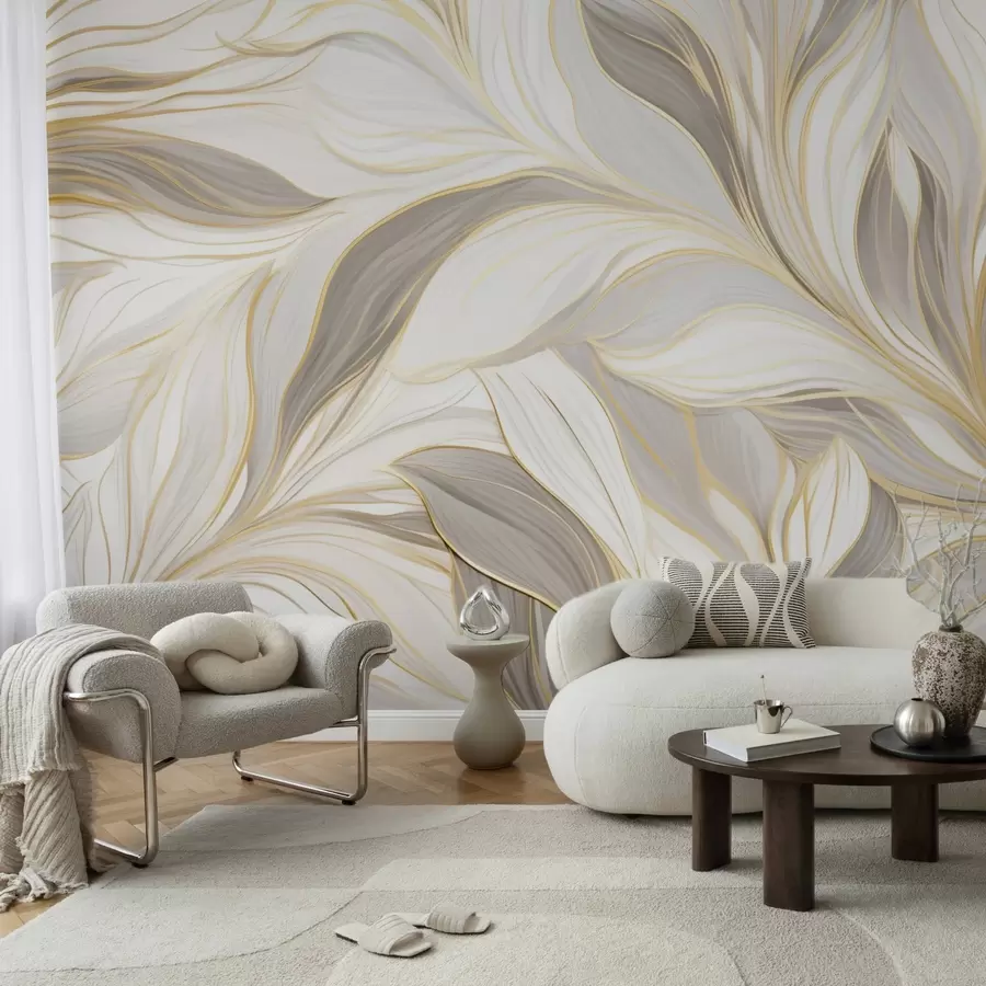 murales de pared Hojas con curvas suaves en tonos beige claro y grisáceos w04609