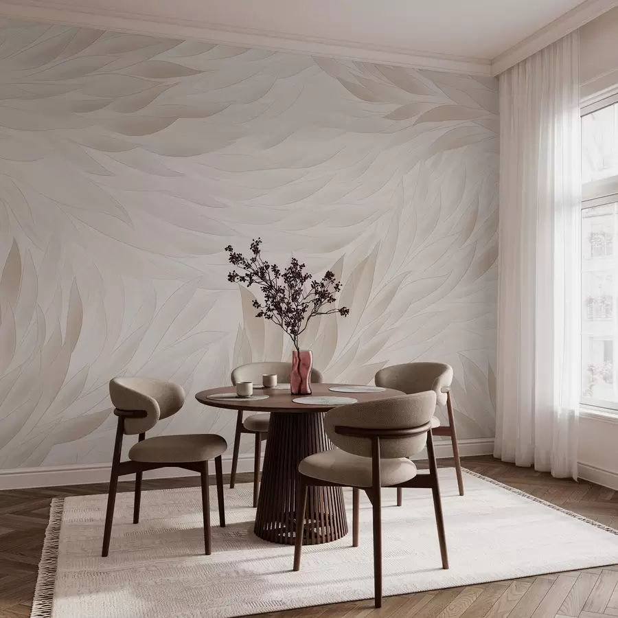 murales de pared Hojas onduladas en suaves tonos crema w04610