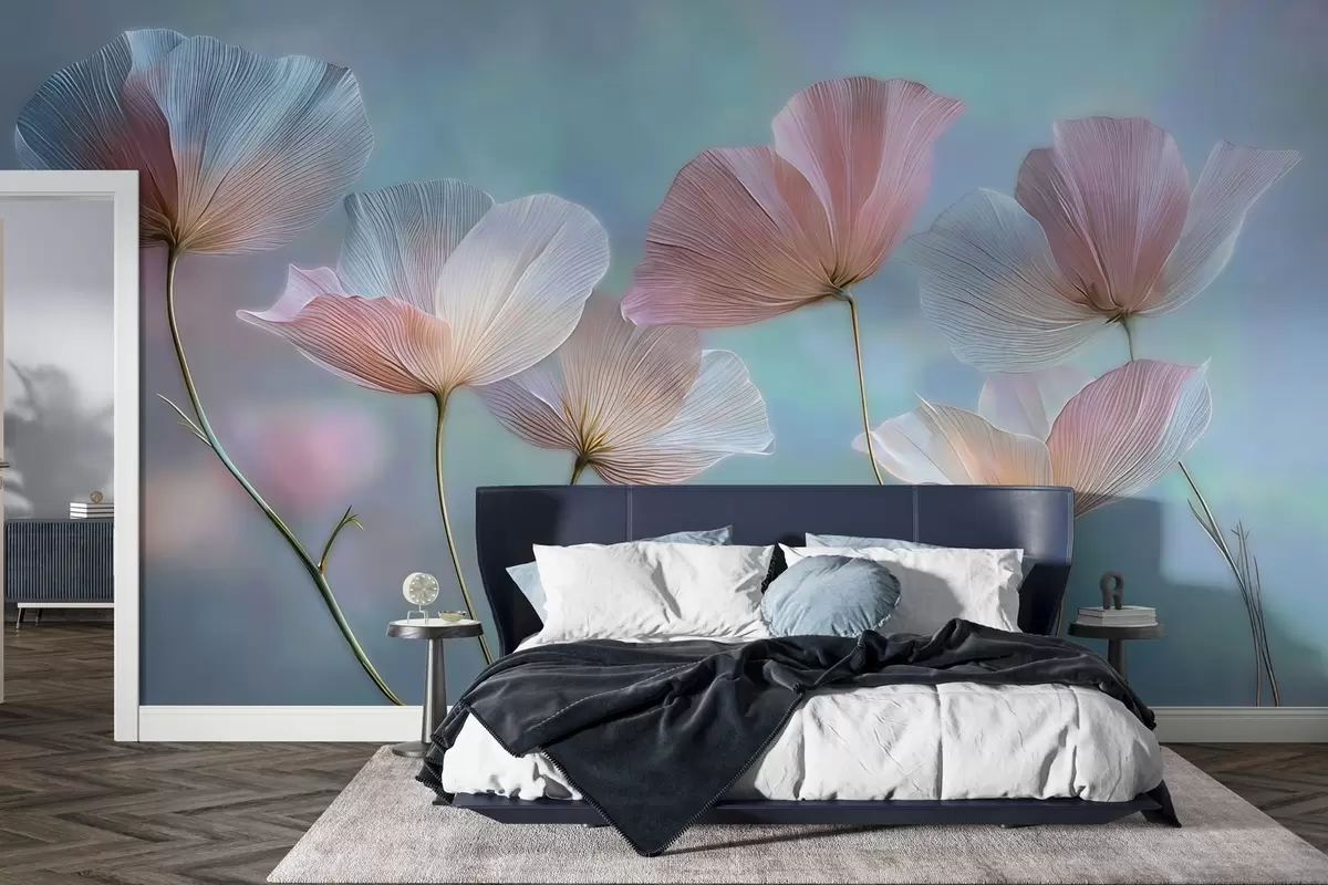 murales de pared Pétalos transparentes en tonos rosa pastel y azul w04621
