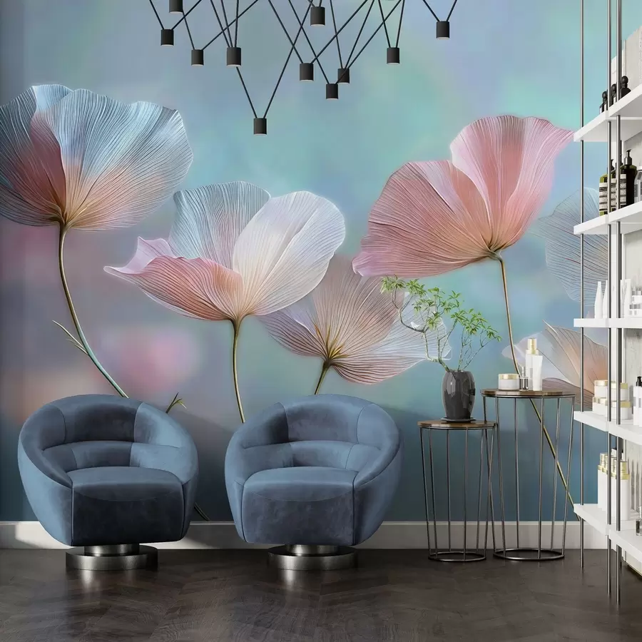 murales de pared Pétalos transparentes en tonos rosa pastel y azul w04621