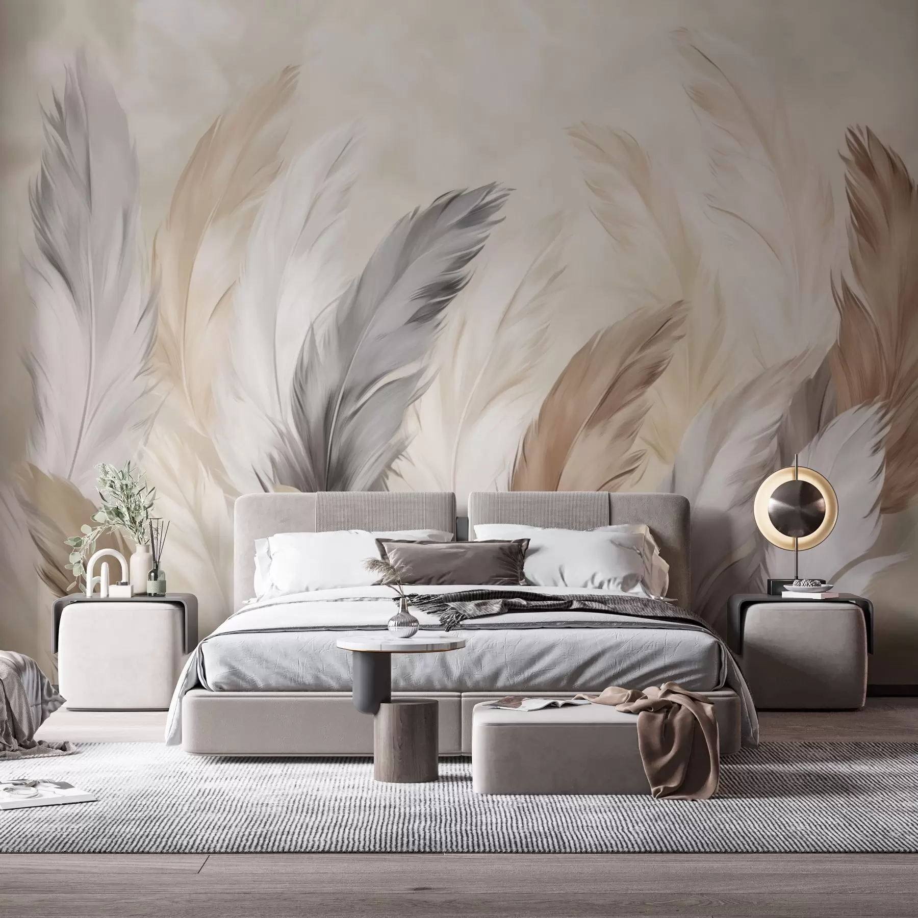 murales de pared Plumas suaves y esponjosas en una cálida paleta de colores neutros w04736