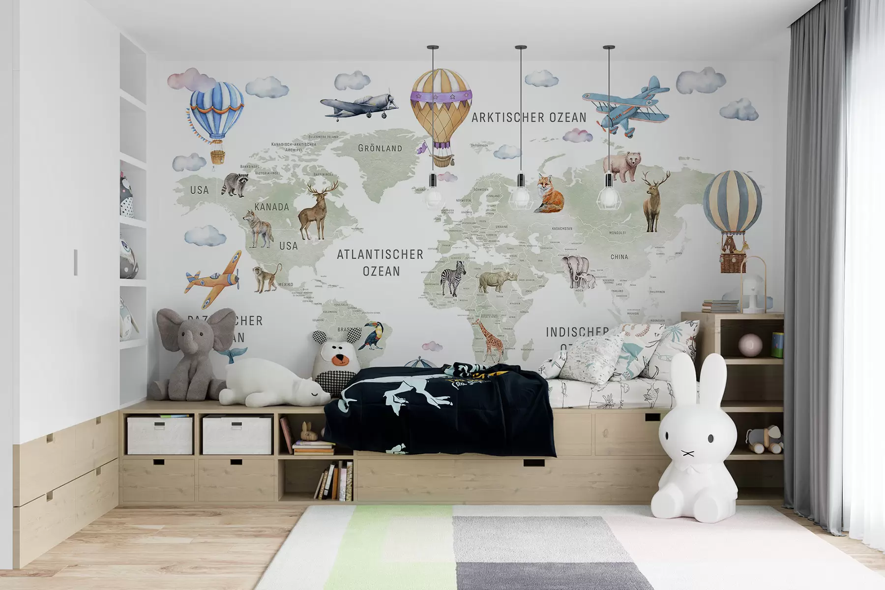 murales de pared Mapa infantil en estilo acuarela con animales y globos aerostáticos. En alemán. Color verde c00001de