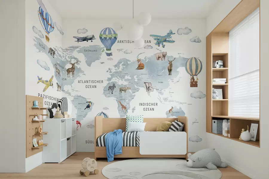 murales de pared Mapa infantil en estilo acuarela con animales y globos aerostáticos. En alemán. Color azul c00001dev1
