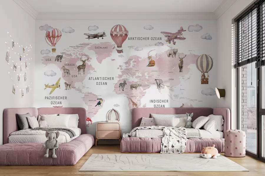 murales de pared Mapa infantil en estilo acuarela con animales y globos aerostáticos. En alemán. Color rosa c00001dev3