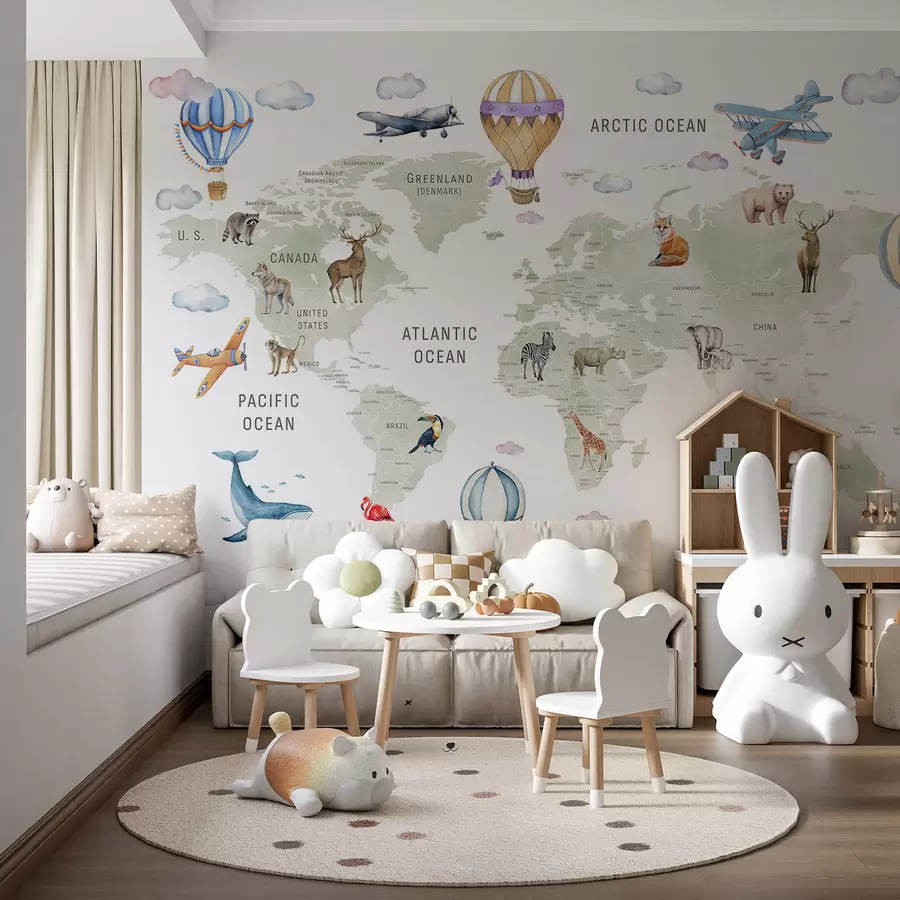murales de pared Mapa de estilo acuarela para niños con animales y globos aerostáticos. Idioma inglés. Color verde. c00001en