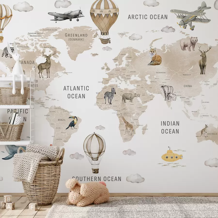 murales de pared Mapa infantil en estilo acuarela con animales y globos aerostáticos. Idioma inglés. Color beige c00001env2