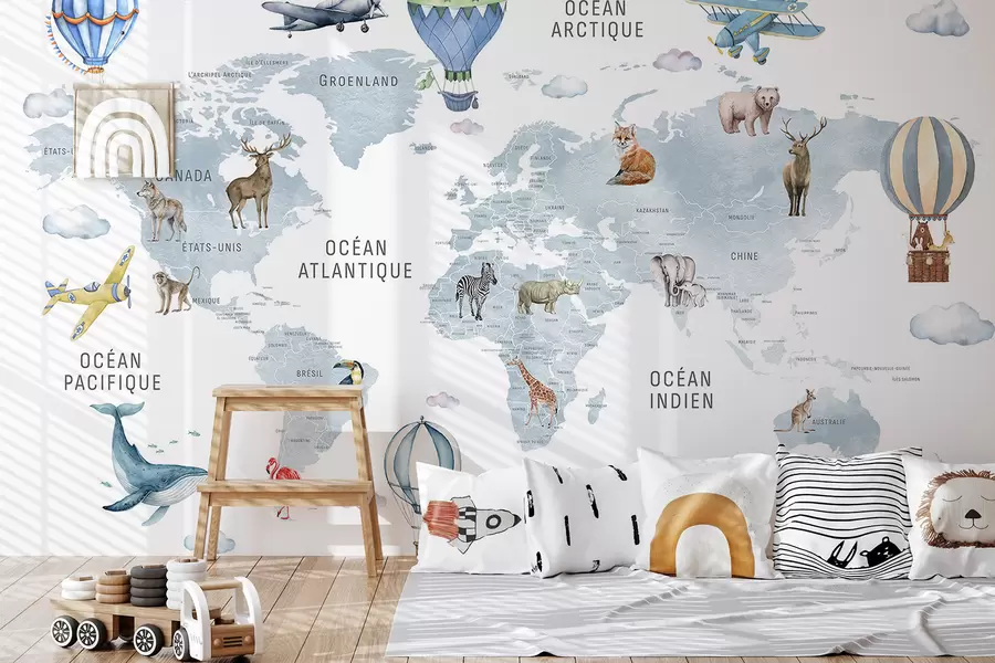 murales de pared Mapa de estilo acuarela para niños con animales y globos aerostáticos. Idioma francés. Color azul. c00001frv1
