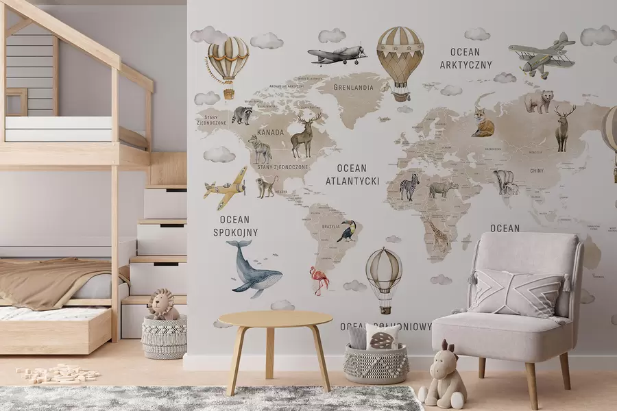 murales de pared Mapa de estilo acuarela para niños con animales y globos aerostáticos. Idioma polaco. Color beige. c00001plv2