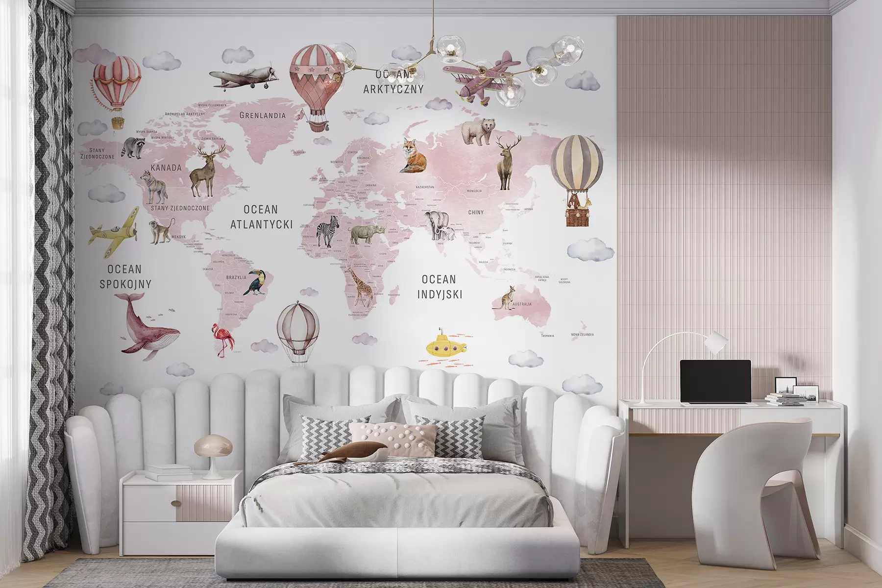 murales de pared Mapa infantil en estilo acuarela con animales y globos aerostáticos. Idioma polaco. Color rosa c00001plv3