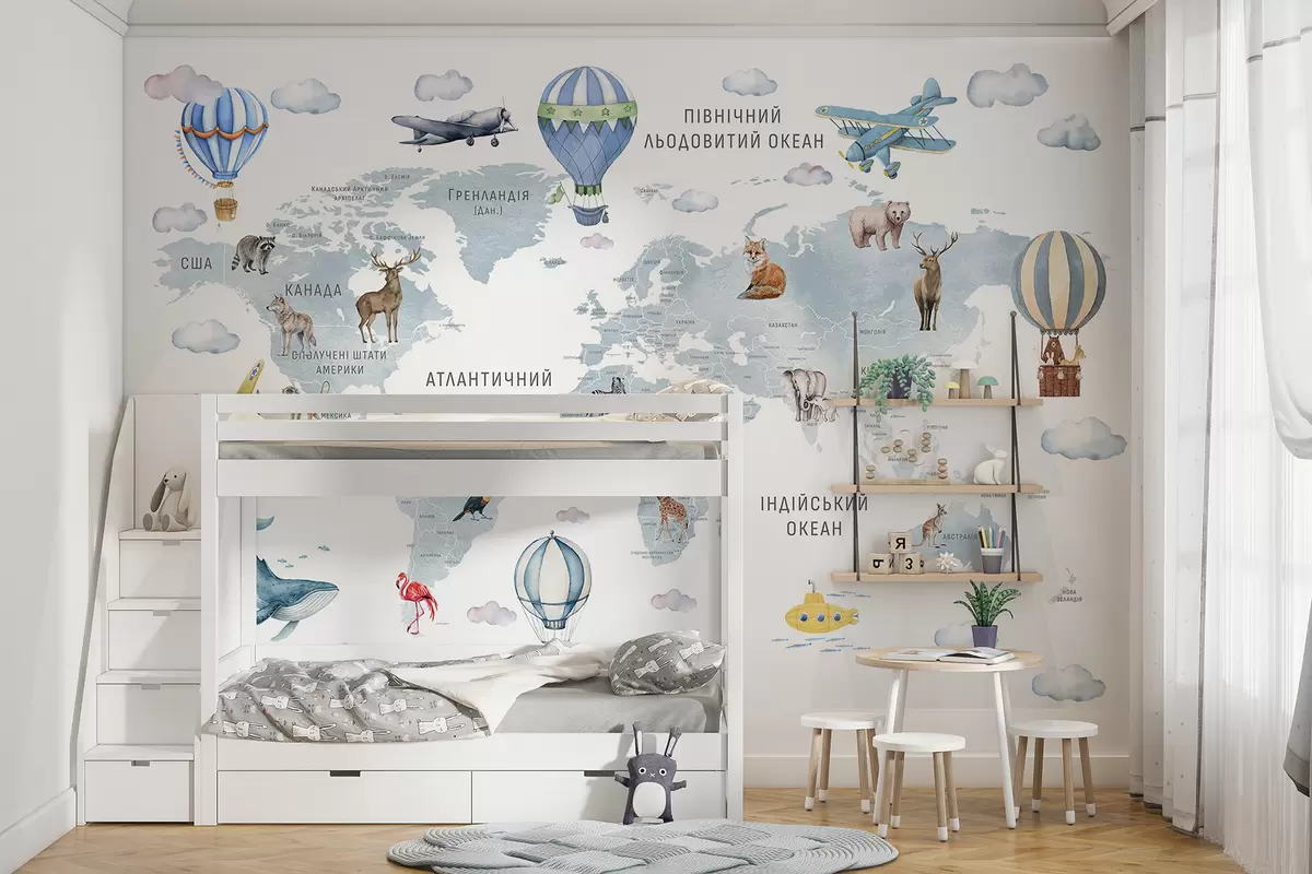 murales de pared Mapa infantil en estilo acuarela con animales y globos aerostáticos. Idioma ucraniano. Color azul. c00001ukv1