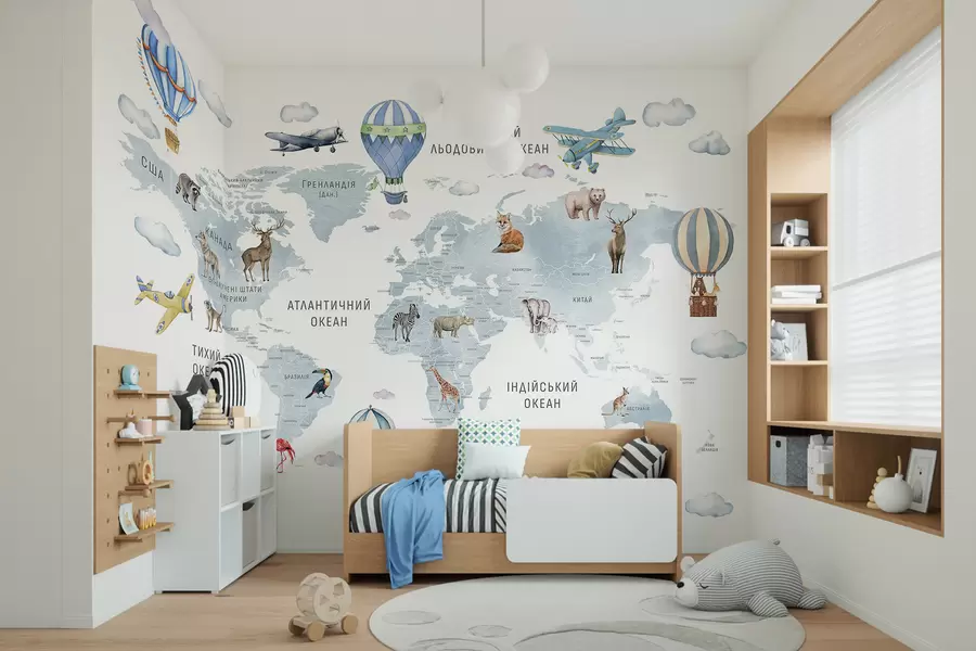 murales de pared Mapa infantil en estilo acuarela con animales y globos aerostáticos. Idioma ucraniano. Color azul c00001ukv1