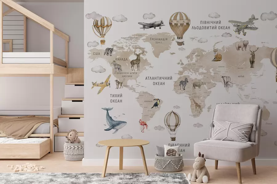 murales de pared Mapa infantil en estilo acuarela con animales y globos aerostáticos. Idioma ucraniano. Color beige. c00001ukv2