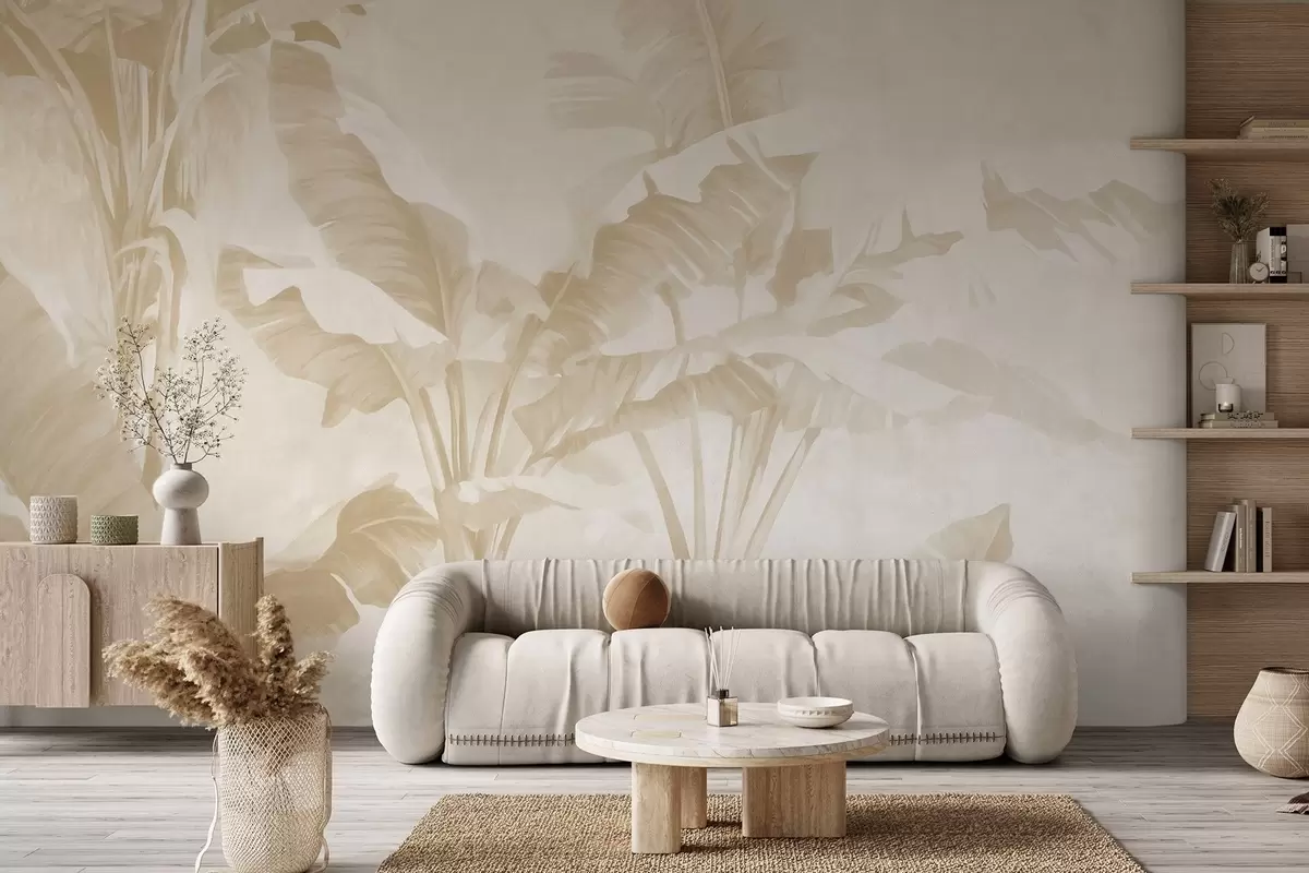 Murales de pared Hojas de plátano tropical en suaves tonos beige w09311v2 murales de pared Hojas de plátano tropical en suaves tonos beige w09311v2